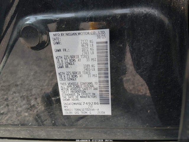 Aukcja sprzedaży 2016 Nissan Rogue Sl, vin: 5N1AT2MV4GC749286, numer aukcji: 45685619