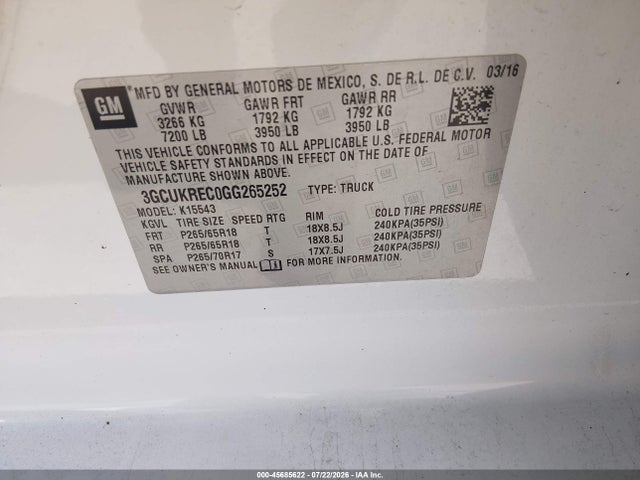 3GCUKREC0GG265252 Chevrolet Silverado 1500 Lt