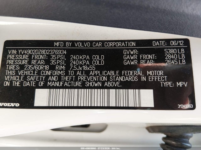 Auction sale of the 2013 Volvo Xc60 T6, vin: YV4902DZ8D2376934, lot number: 45685666