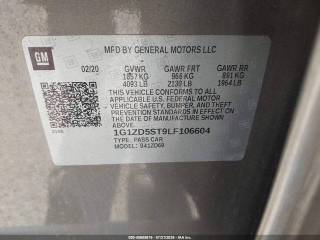 Продажа на аукционе авто 2020 Chevrolet Malibu Fwd Lt, vin: 1G1ZD5ST9LF106604, номер лота: 45685676