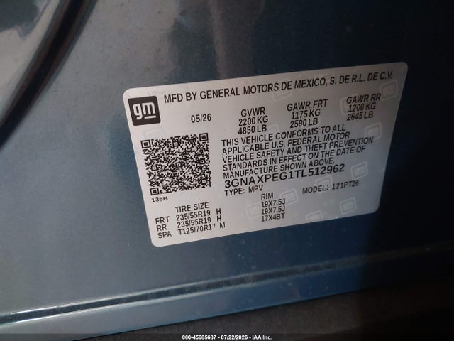 Продаж на аукціоні авто 2026 Chevrolet Equinox Awd Lt, vin: 3GNAXPEG1TL512962, номер лоту: 45685687