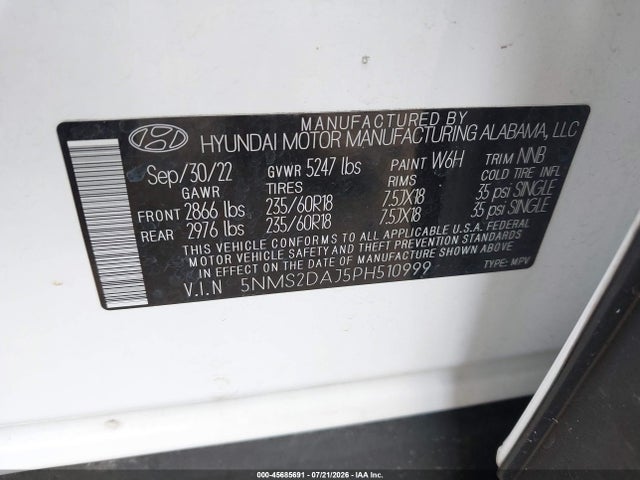 45685691 :رقم المزاد ، 5NMS2DAJ5PH510999 vin ، 2023 Hyundai Santa Fe Sel مزاد بيع