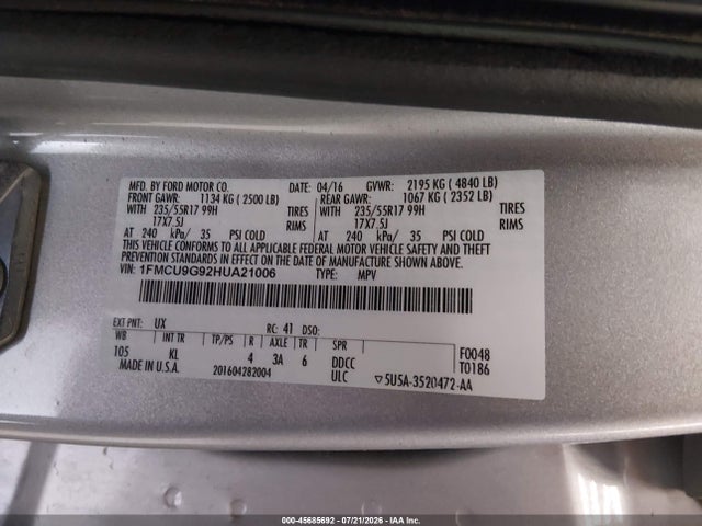 Продаж на аукціоні авто 2017 Ford Escape Se, vin: 1FMCU9G92HUA21006, номер лоту: 45685692