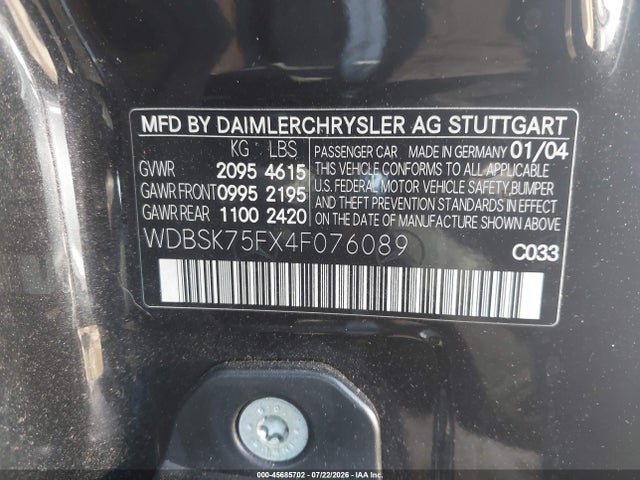 45685702 :رقم المزاد ، WDBSK75FX4F076089 vin ، 2004 Mercedes-benz Sl 500 مزاد بيع