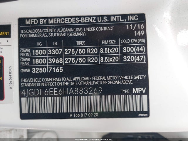 45685722 :رقم المزاد ، 4JGDF6EE6HA883269 vin ، 2017 Mercedes-benz Gls 450 4matic مزاد بيع