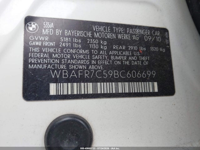 Продажа на аукционе авто 2011 Bmw 535i, vin: WBAFR7C59BC606699, номер лота: 45685723