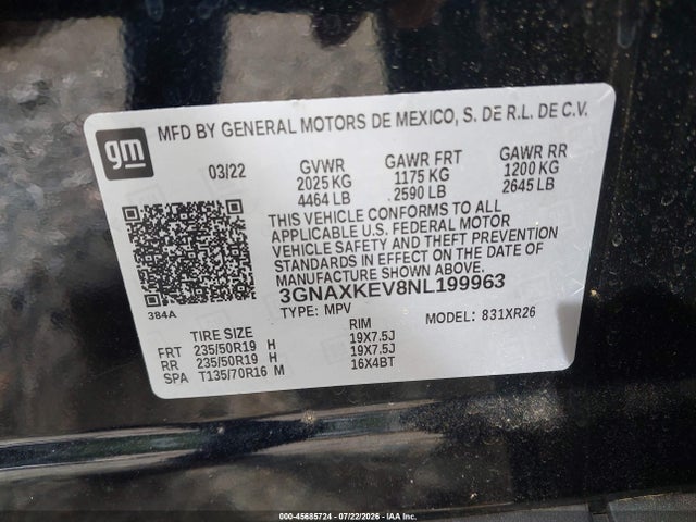 Продажа на аукционе авто 2022 Chevrolet Equinox Fwd Lt, vin: 3GNAXKEV8NL199963, номер лота: 45685724