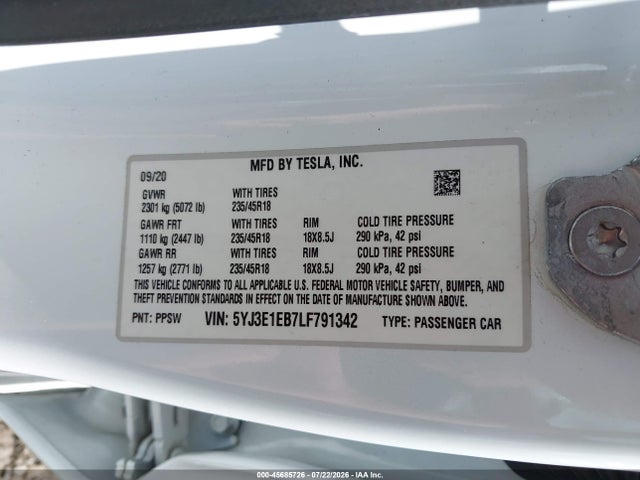 Aukcja sprzedaży 2020 Tesla Model 3 Long Range Dual Motor All-wheel Drive, vin: 5YJ3E1EB7LF791342, numer aukcji: 45685726