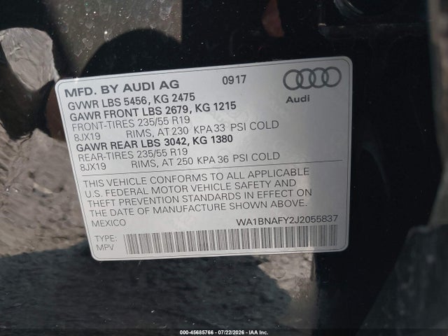 2018 Audi Q5 2.0t Premium/2.0t Tech Premium მანქანა იყიდება აუქციონზე, vin: WA1BNAFY2J2055837, აუქციონის ნომერი: 45685766