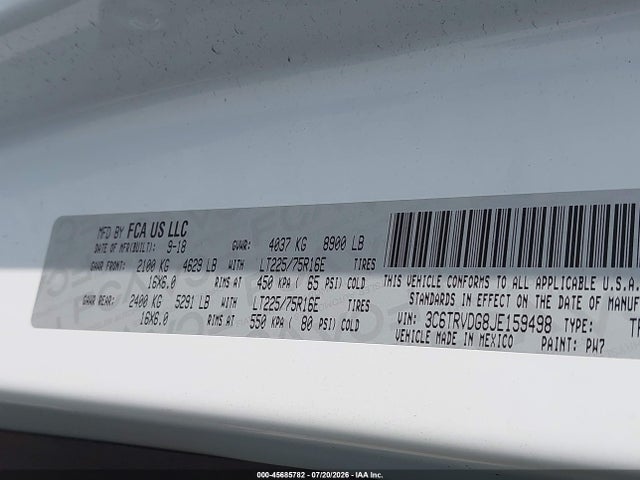45685782 :رقم المزاد ، 3C6TRVDG8JE159498 vin ، 2018 Ram Promaster 2500 High Roof 159 Wb مزاد بيع