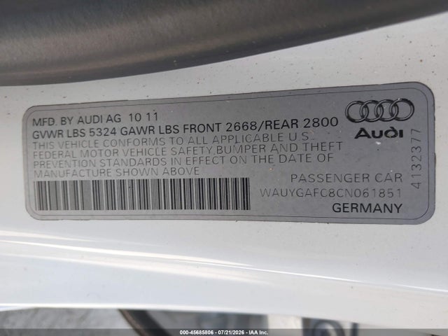 Продаж на аукціоні авто 2012 Audi A7 Premium, vin: WAUYGAFC8CN061851, номер лоту: 45685806