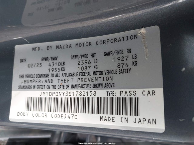 Aukcja sprzedaży 2025 Mazda Mazda3 2.5 Turbo Premium Plus, vin: JM1BPBNY3S1782158, numer aukcji: 45685826