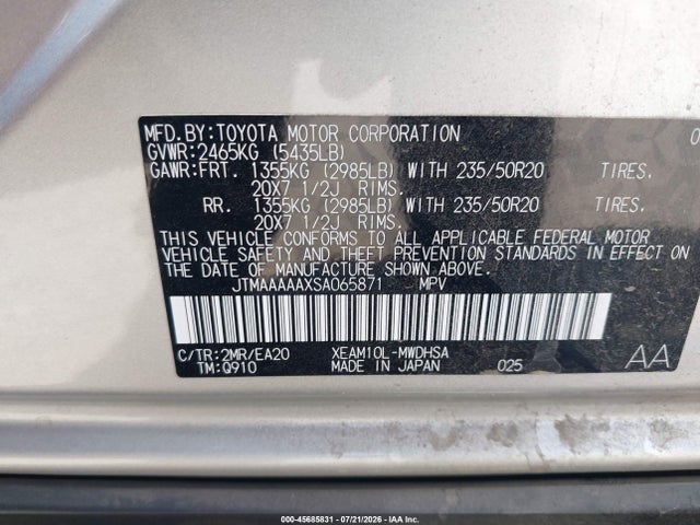 45685831 :رقم المزاد ، JTMAAAAAXSA065871 vin ، 2025 Toyota Bz4x Limited مزاد بيع