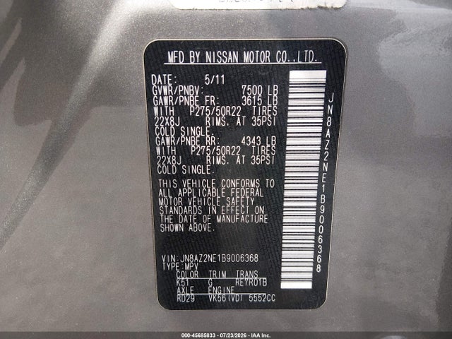 Продажа на аукционе авто 2011 Infiniti Qx56, vin: JN8AZ2NE1B9006368, номер лота: 45685833