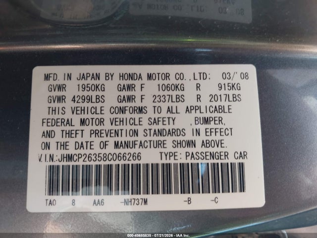 Продажа на аукционе авто 2008 Honda Accord 2.4 Lx, vin: JHMCP26358C066266, номер лота: 45685835