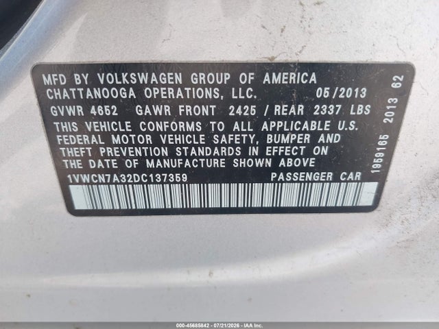 Продажа на аукционе авто 2013 Volkswagen Passat 2.0l Tdi Sel Premium, vin: 1VWCN7A32DC137359, номер лота: 45685842