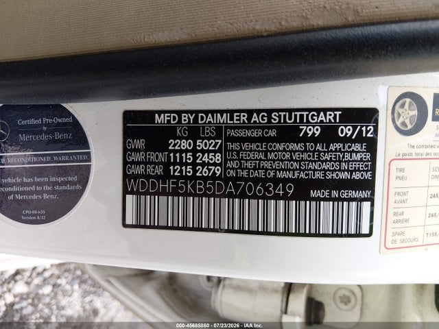 Продажа на аукционе авто 2013 Mercedes-benz E 350, vin: WDDHF5KB5DA706349, номер лота: 45685860