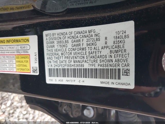 2025 Honda Civic Sport მანქანა იყიდება აუქციონზე, vin: 2HGFE2F58SH536589, აუქციონის ნომერი: 45685865