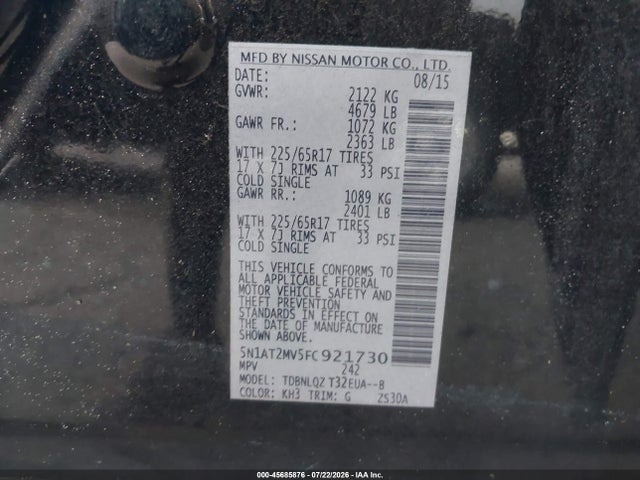45685876 :رقم المزاد ، 5N1AT2MV5FC921730 vin ، 2015 Nissan Rogue Sv مزاد بيع