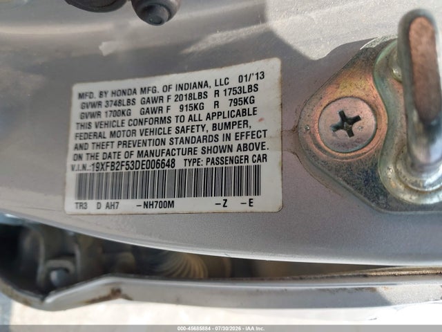 45685884 :رقم المزاد ، 19XFB2F53DE006648 vin ، 2013 Honda Civic Lx مزاد بيع