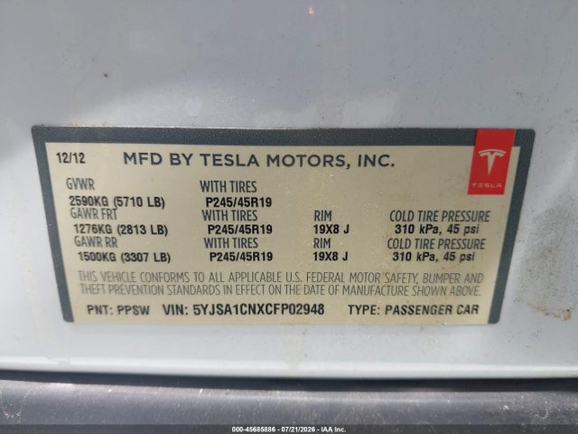 45685886 :رقم المزاد ، 5YJSA1CNXCFP02948 vin ، 2012 Tesla Model S Signature مزاد بيع