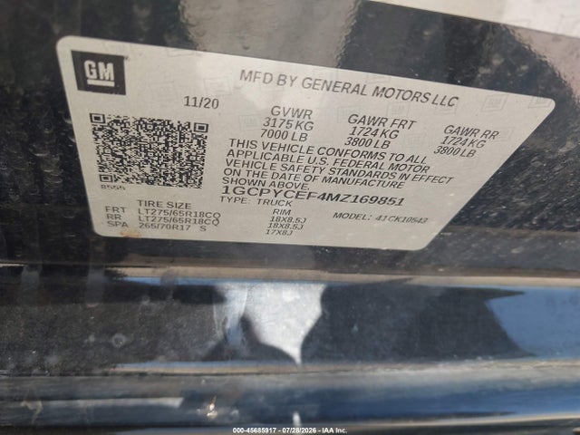 Продажа на аукционе авто 2021 Chevrolet Silverado 1500 4wd  Short Bed Custom Trail Boss, vin: 1GCPYCEF4MZ169851, номер лота: 45685917