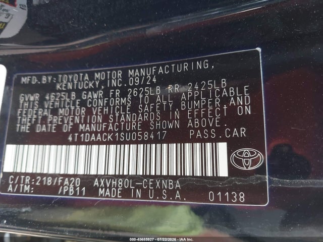 Aukcja sprzedaży 2025 Toyota Camry Le, vin: 4T1DAACK1SU058417, numer aukcji: 45685927