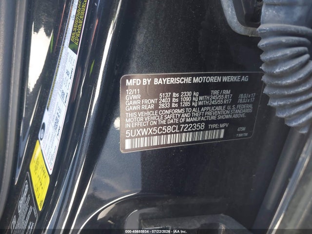 Продажа на аукционе авто 2012 Bmw X3 Xdrive28i, vin: 5UXWX5C58CL722358, номер лота: 45685934