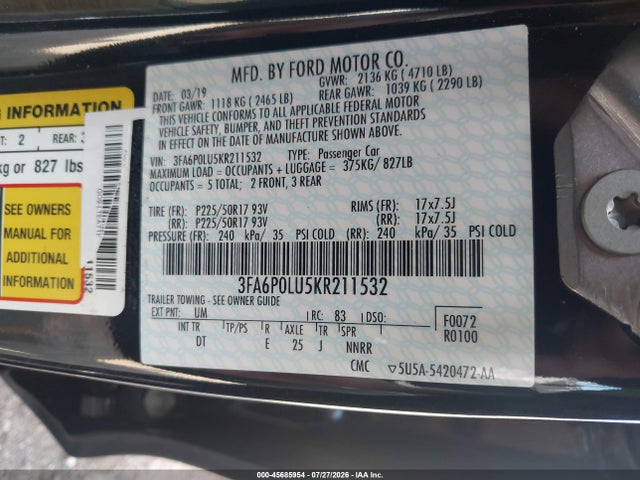 Ford Fusion Hybrid Se 2019 3FA6P0LU5KR211532 Image 9