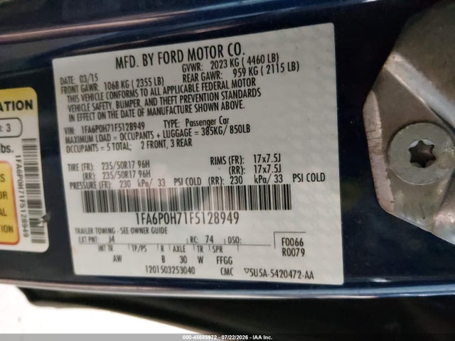 Ford FUSION SE 2015 1FA6P0H71F5128949 Image 9