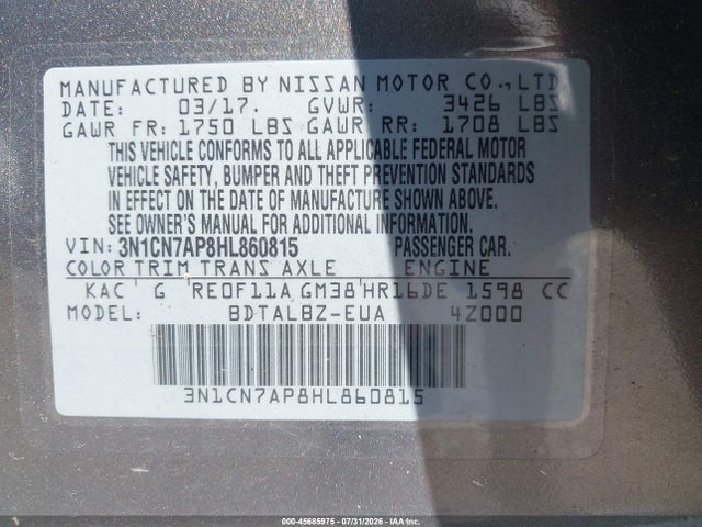 Продажа на аукционе авто 2017 Nissan Versa 1.6 Sv, vin: 3N1CN7AP8HL860815, номер лота: 45685975