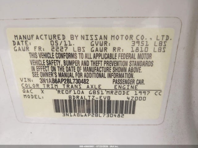 Продаж на аукціоні авто 2011 Nissan Sentra 2.0s, vin: 3N1AB6AP2BL730482, номер лоту: 45685981