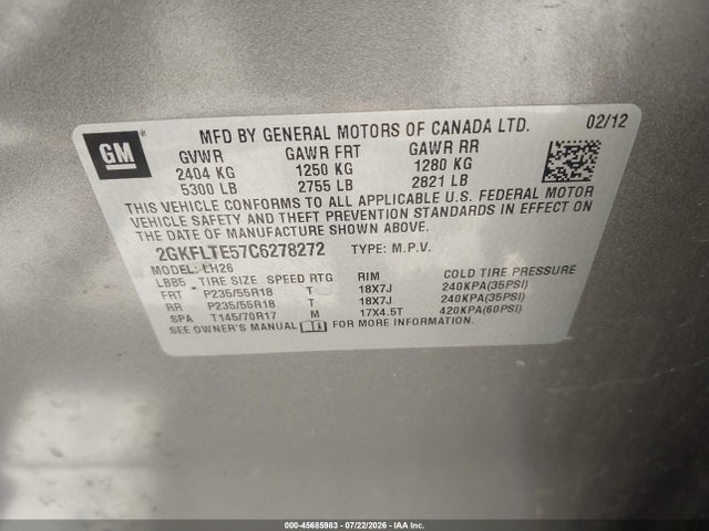 45685983 :رقم المزاد ، 2GKFLTE57C6278272 vin ، 2012 Gmc Terrain Sle-2 مزاد بيع