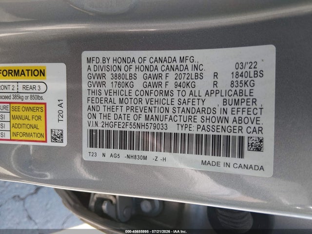 2HGFE2F55NH579033 Honda Civic Sport