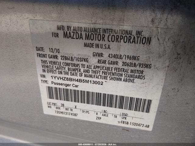 Aukcja sprzedaży 2011 Mazda Mazda6 I Sport, vin: 1YVHZ8BH4B5M13002, numer aukcji: 45686011