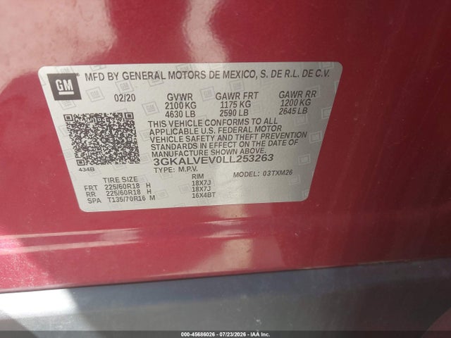 45686026 :رقم المزاد ، 3GKALVEV0LL253263 vin ، 2020 Gmc Terrain Awd Slt مزاد بيع