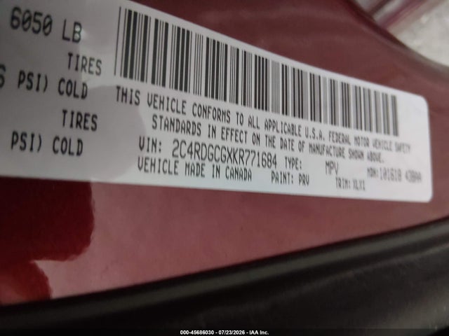 45686030 :رقم المزاد ، 2C4RDGCGXKR771684 vin ، 2019 Dodge Grand Caravan Sxt مزاد بيع