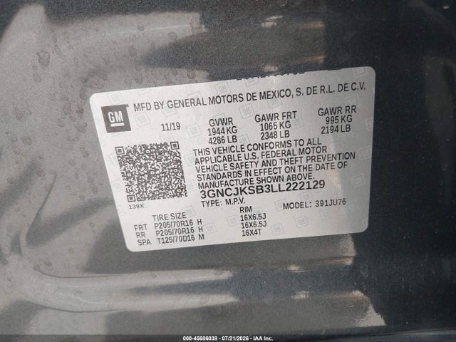 3GNCJKSB3LL222129 Chevrolet Trax Fwd Ls