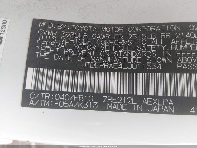 Aukcja sprzedaży 2020 Toyota Corolla Le, vin: JTDEPRAE4LJ011534, numer aukcji: 45686050