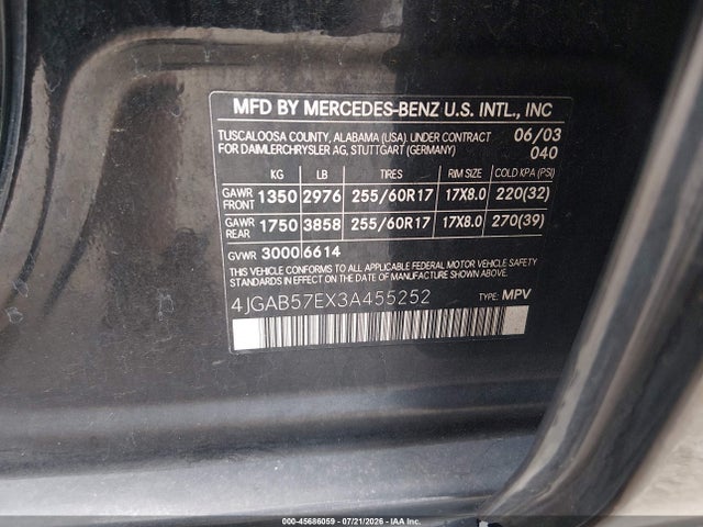 Продажа на аукционе авто 2003 Mercedes-benz Ml 350, vin: 4JGAB57EX3A455252, номер лота: 45686059