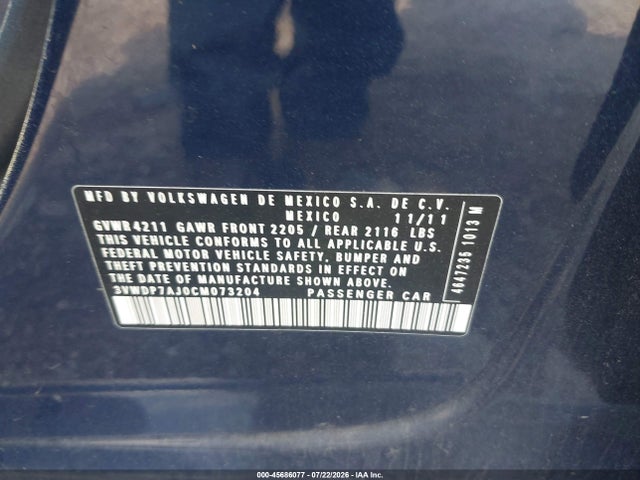 Aukcja sprzedaży 2012 Volkswagen Jetta 2.5l Se, vin: 3VWDP7AJ0CM073204, numer aukcji: 45686077