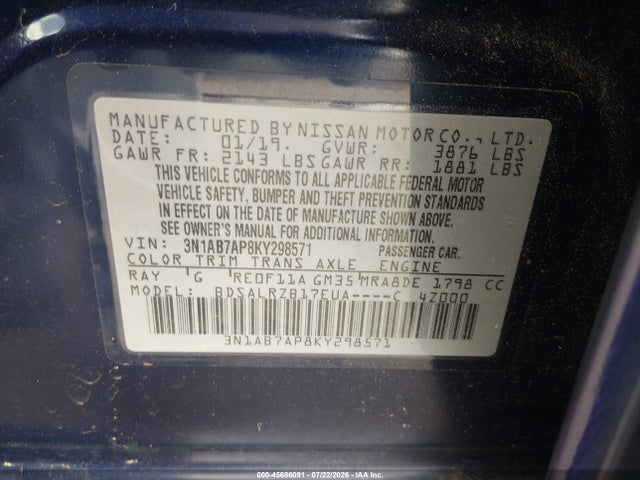 Продажа на аукционе авто 2019 Nissan Sentra Sr, vin: 3N1AB7AP8KY298571, номер лота: 45686091
