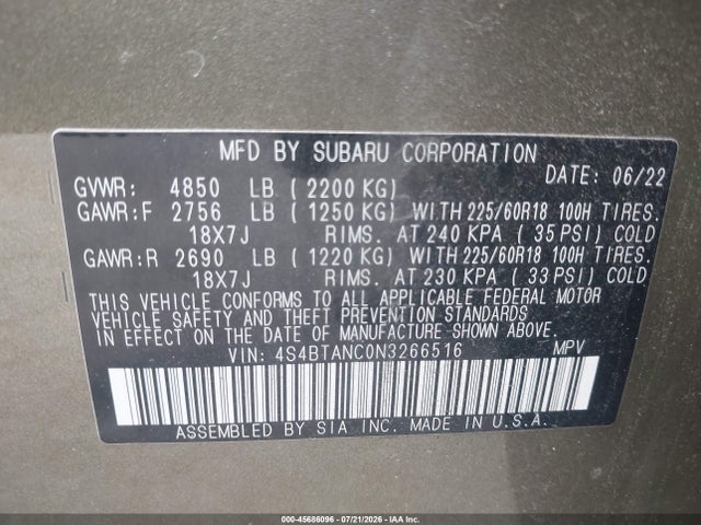 Продаж на аукціоні авто 2022 Subaru Outback Limited, vin: 4S4BTANC0N3266516, номер лоту: 45686096
