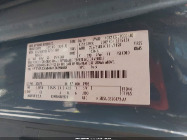 2019 Ford Transit-250 მანქანა იყიდება აუქციონზე, vin: 1FTYR3XM4KKB29000, აუქციონის ნომერი: 45686099