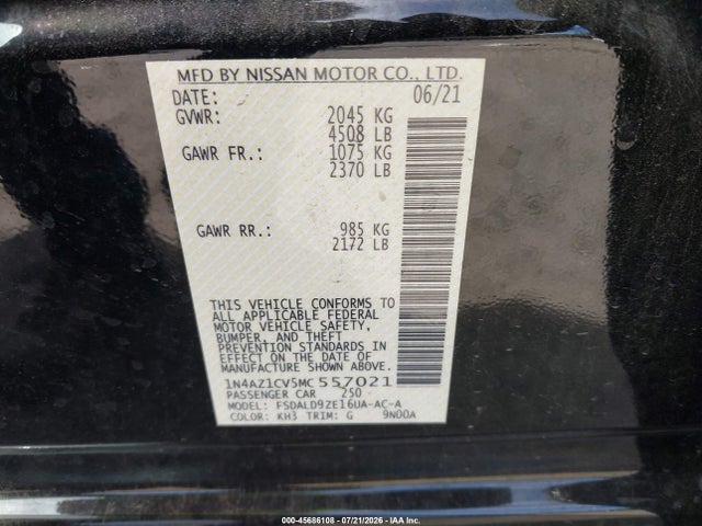 Aukcja sprzedaży 2021 Nissan Leaf Sv 40 Kwh, vin: 1N4AZ1CV5MC557021, numer aukcji: 45686108