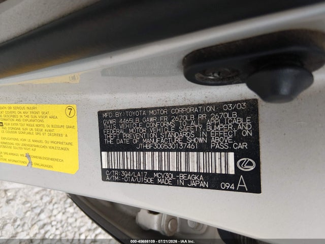 Продажа на аукционе авто 2003 Lexus Es 300, vin: JTHBF30G530137461, номер лота: 45686109