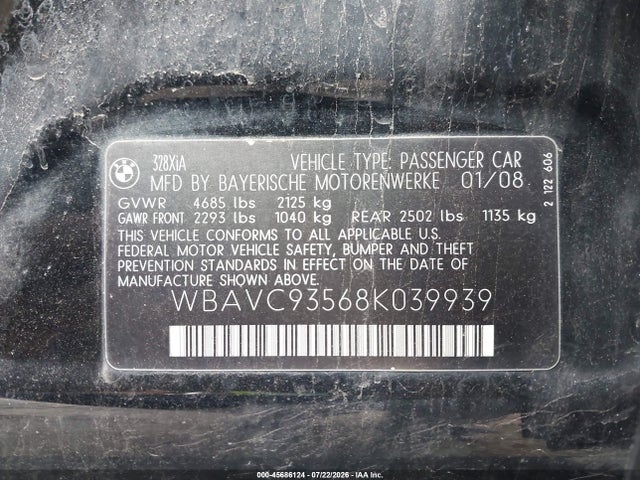 2008 Bmw 328xi მანქანა იყიდება აუქციონზე, vin: WBAVC93568K039939, აუქციონის ნომერი: 45686124