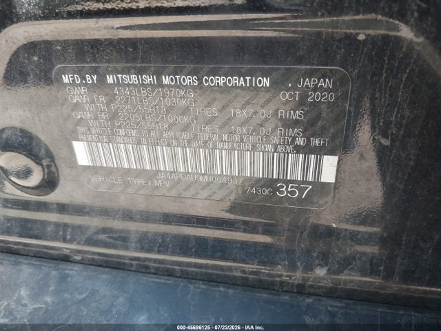 2021 Mitsubishi Outlander Sport მანქანა იყიდება აუქციონზე, vin: JA4APUAU9MU004937, აუქციონის ნომერი: 45686125