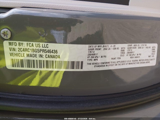 Auction sale of the 2023 Chrysler Pacifica Touring L, vin: 2C4RC1BG5PR546436, lot number: 45686140