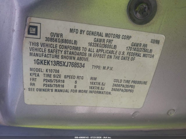 1999 Gmc Yukon Slt Gm Buypower მანქანა იყიდება აუქციონზე, vin: 1GKEK13R5XJ768534, აუქციონის ნომერი: 45686143